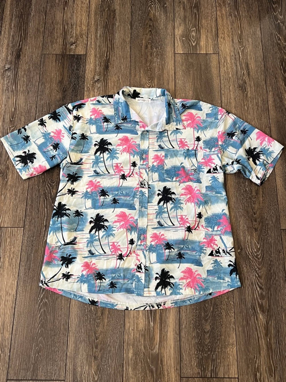 Aptro Palm Tree Volcano Pink & Blue Hawaiin Button Down Shirt Mens Size 3XL
